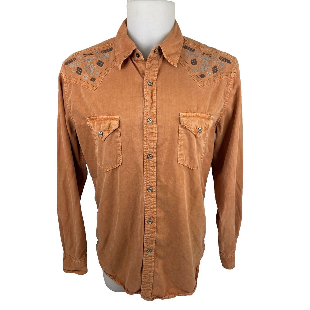Ryan Michael Men Large Orange Pearl Snap Shirt Silk Blend Embroidery Thunderbird